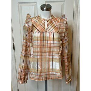 Current Air Orange White Plaid Ruffle Long Sleeve Shirt, Size M